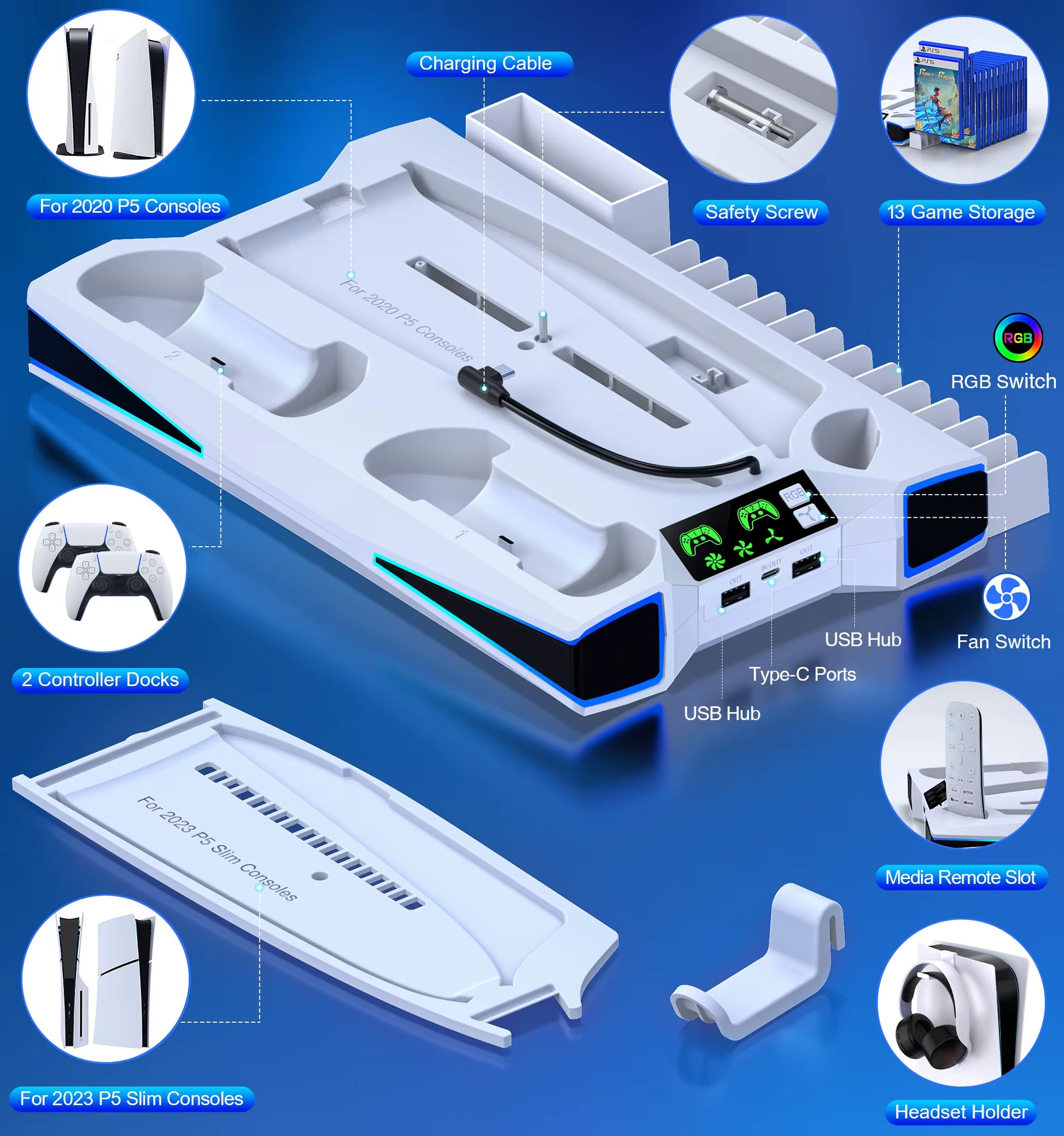 PS5 / PS5 Slim Stand Cooling Station with RGB LED Controller Charging Station PS5 Controller Charger, PS5 / PS5 Slim Accessories