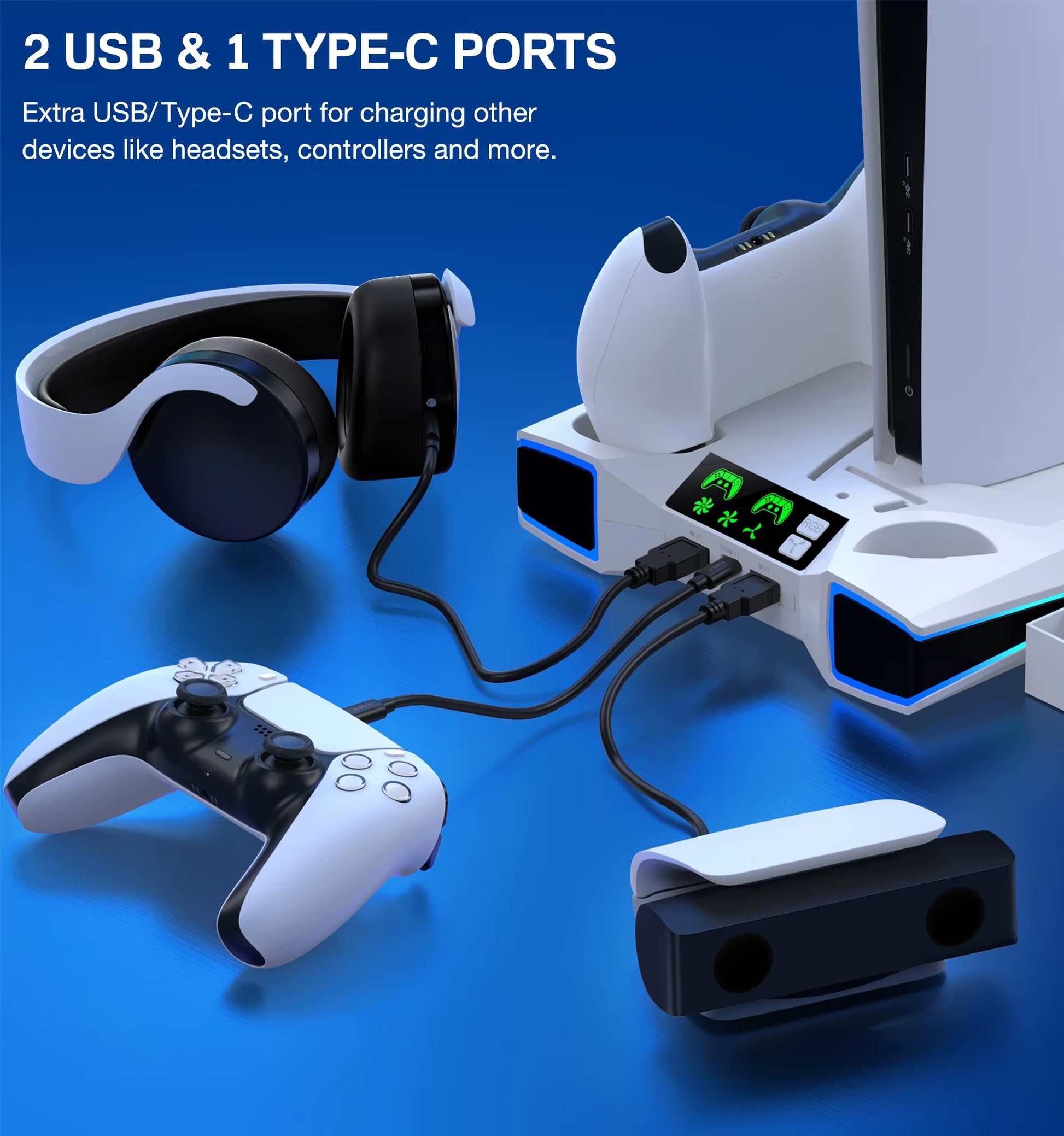 PS5 / PS5 Slim Stand Cooling Station with RGB LED Controller Charging Station PS5 Controller Charger, PS5 / PS5 Slim Accessories