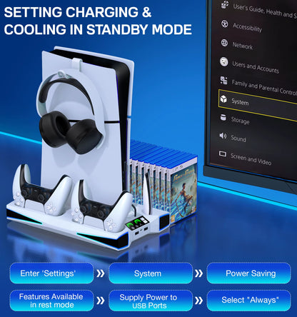 PS5 / PS5 Slim Stand Cooling Station with RGB LED Controller Charging Station PS5 Controller Charger, PS5 / PS5 Slim Accessories