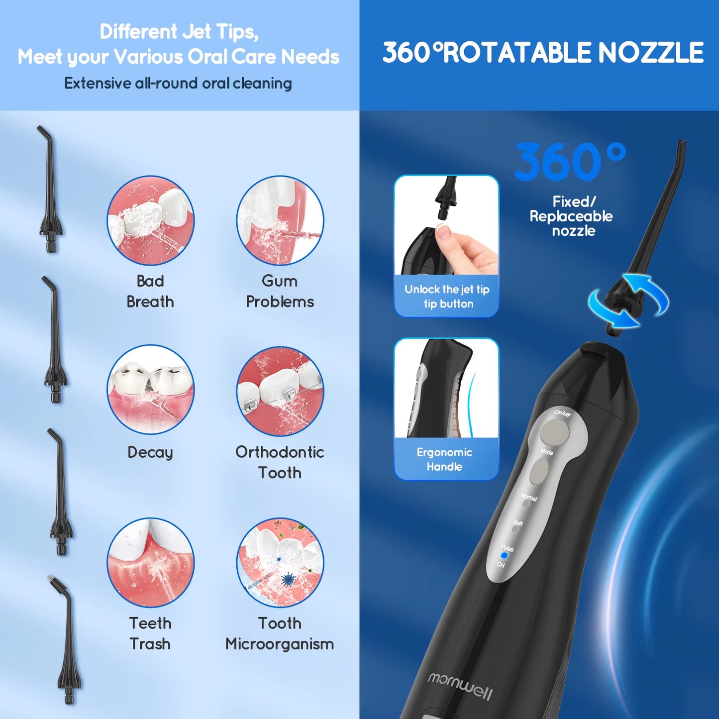 Water Dental Flosser Pick for Teeth 3 Modes Cordless Portable 300ML Larger Tank IPX7 Waterproof Water Flossing Picksd52