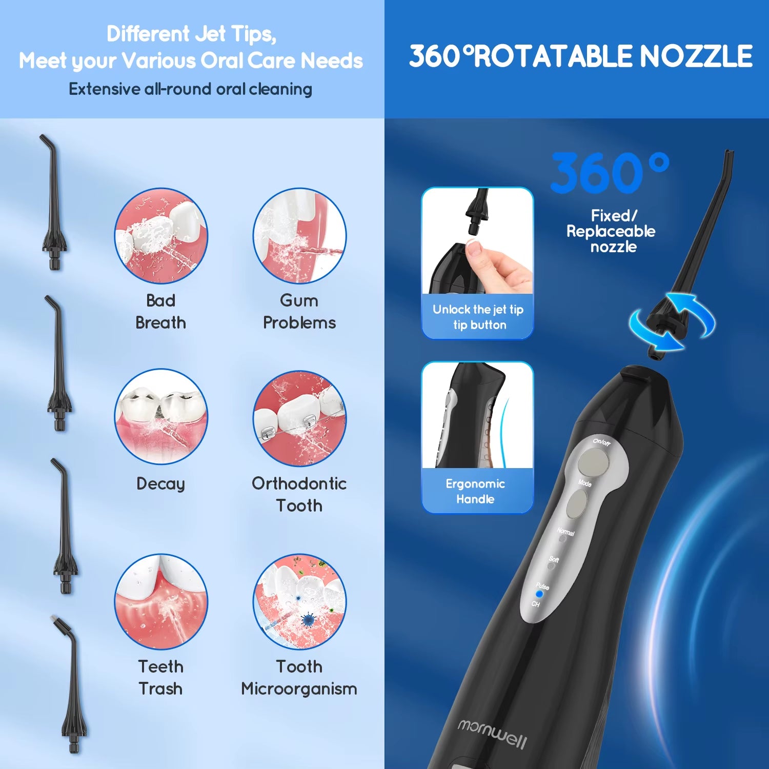 Water Dental Flosser Pick for Teeth 3 Modes Cordless Portable 300ML Larger Tank IPX7 Waterproof Water Flossing Picksd52