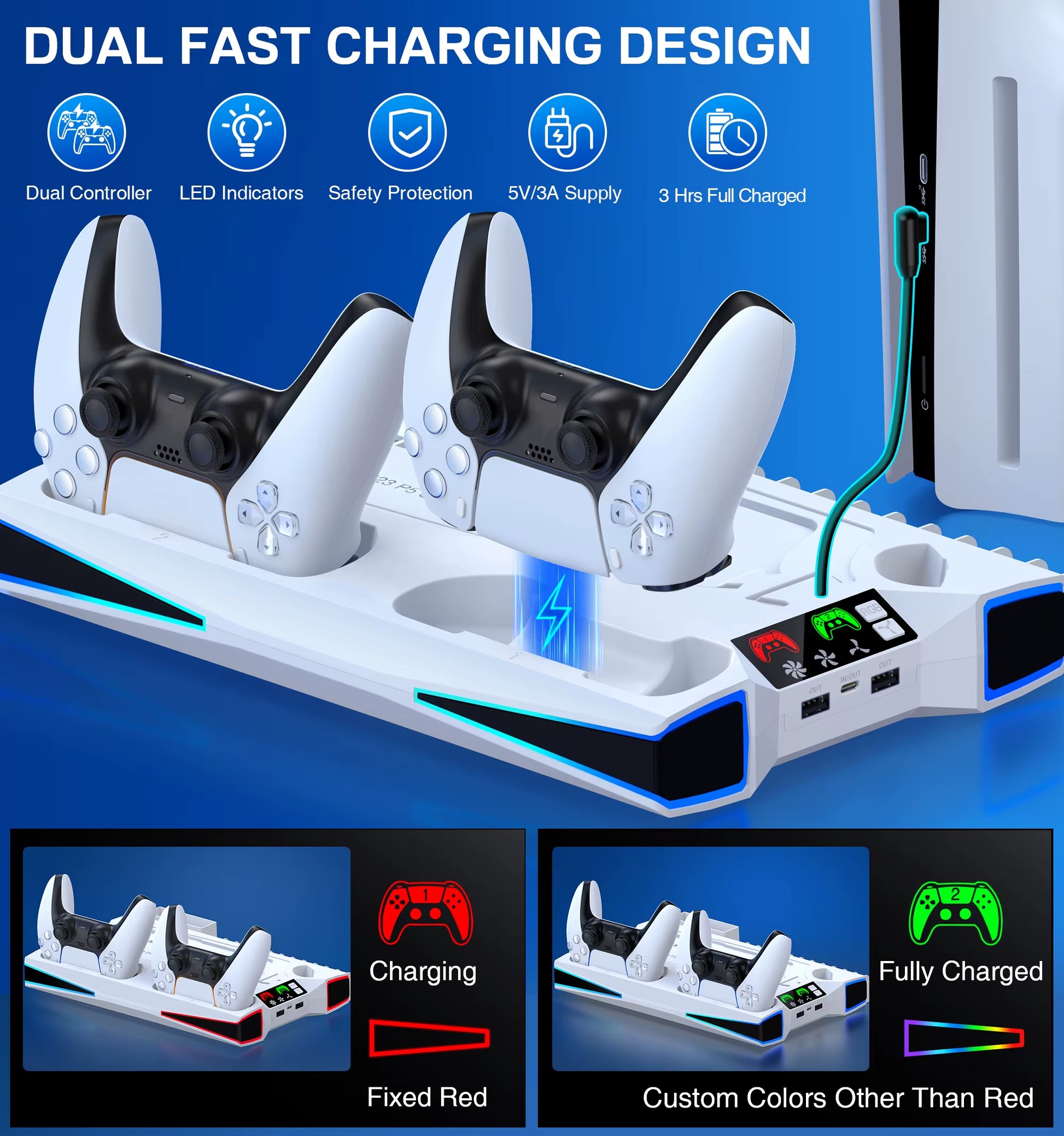 PS5 / PS5 Slim Stand Cooling Station with RGB LED Controller Charging Station PS5 Controller Charger, PS5 / PS5 Slim Accessories